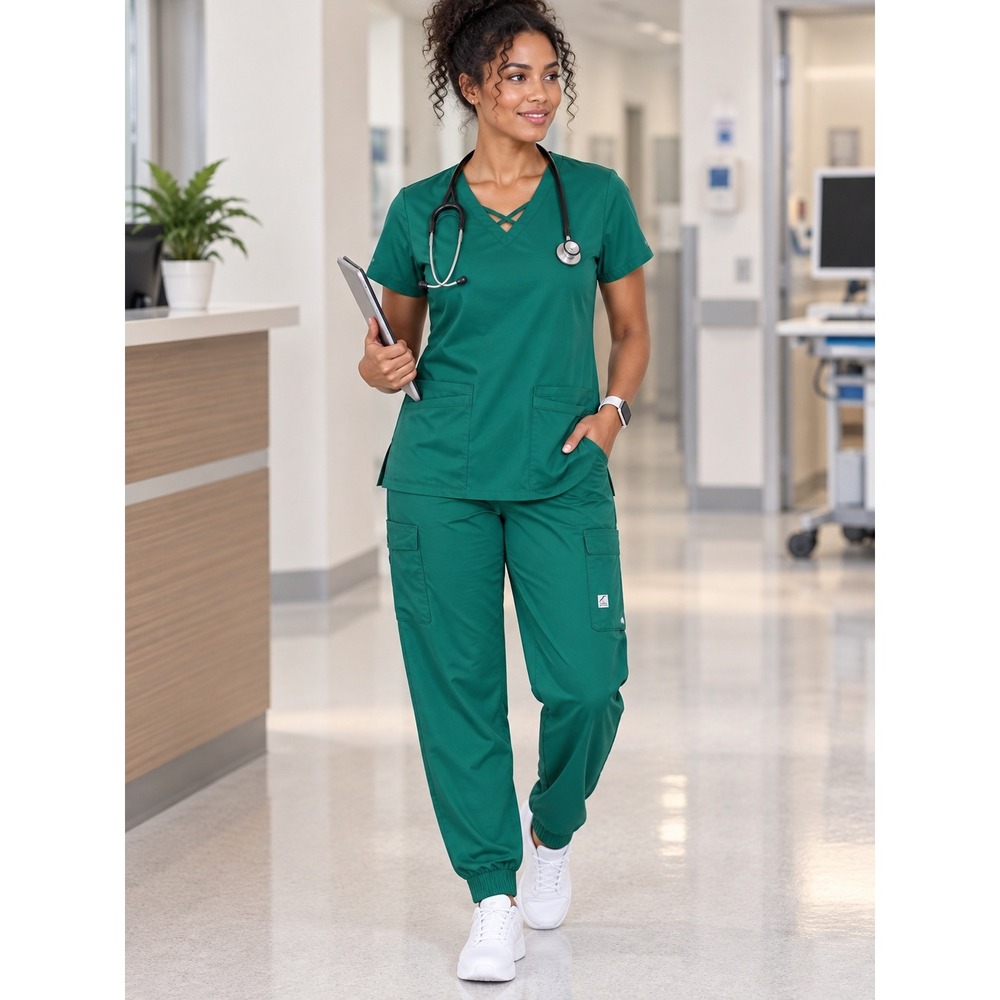 Butter-Soft Stretch Scrub Top Women Large Green Cotton Blend Criss Cross V-Neck